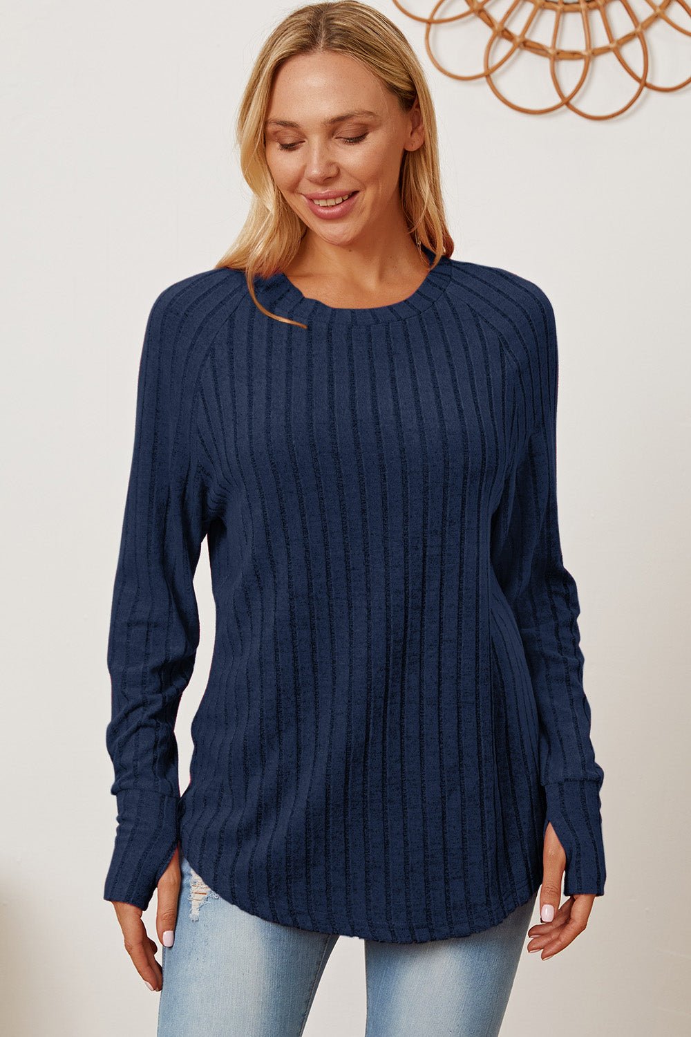 Basic Bae - Rib Knit Thumbhole Sleeve T-Shirt