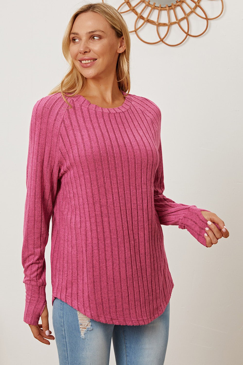 Basic Bae - Rib Knit Thumbhole Sleeve T-Shirt