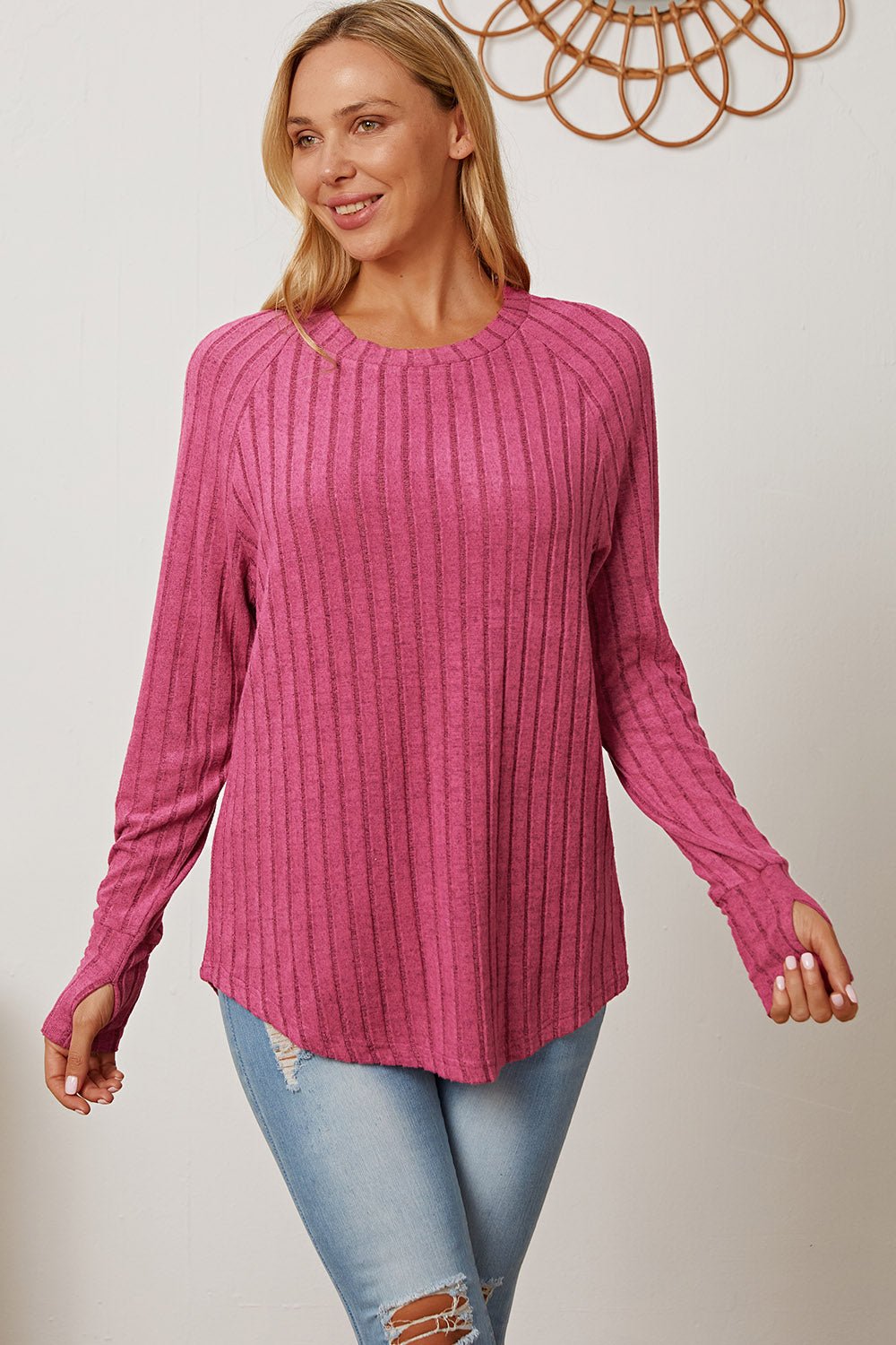 Basic Bae - Rib Knit Thumbhole Sleeve T-Shirt