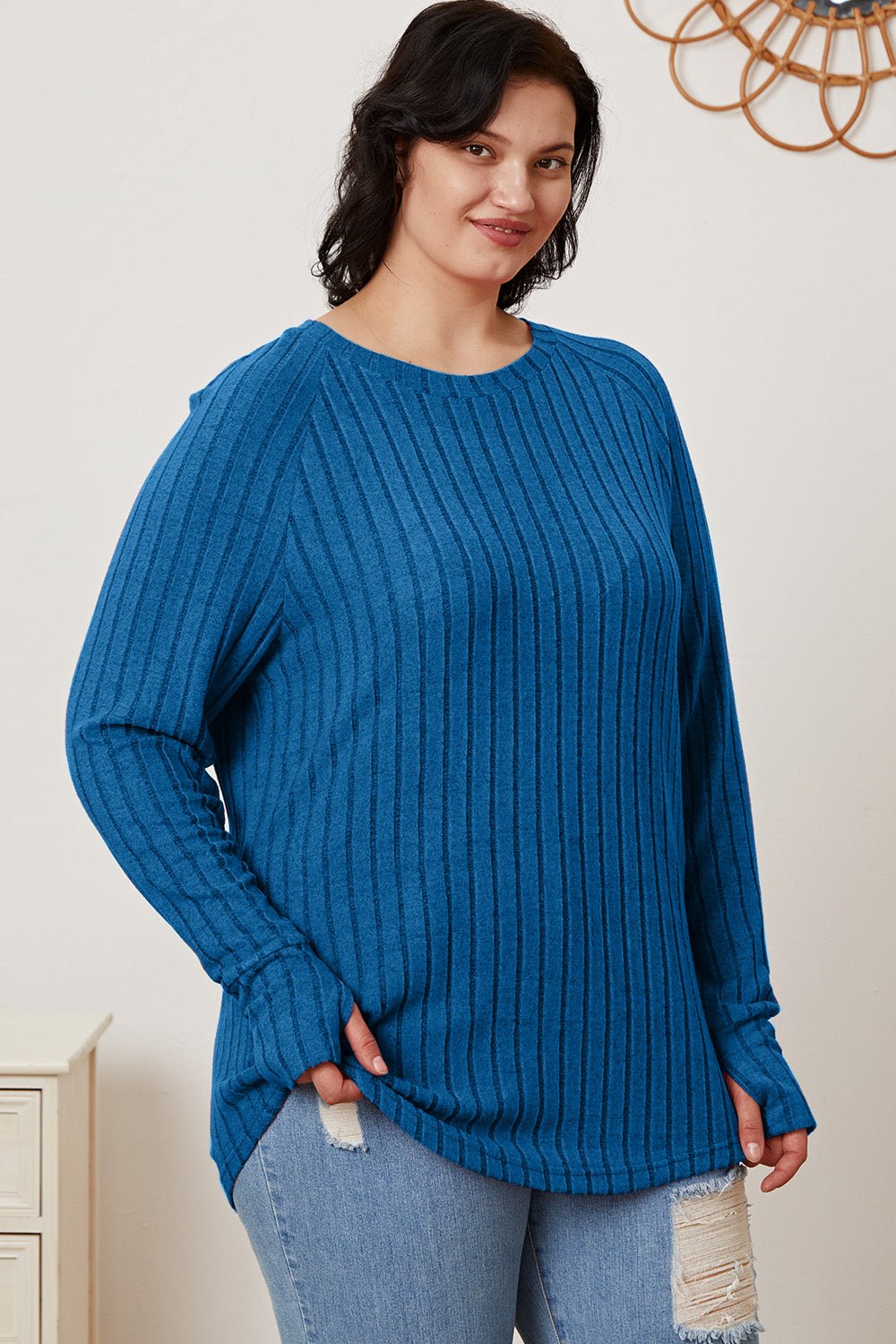 Basic Bae - Rib Knit Thumbhole Sleeve T-Shirt