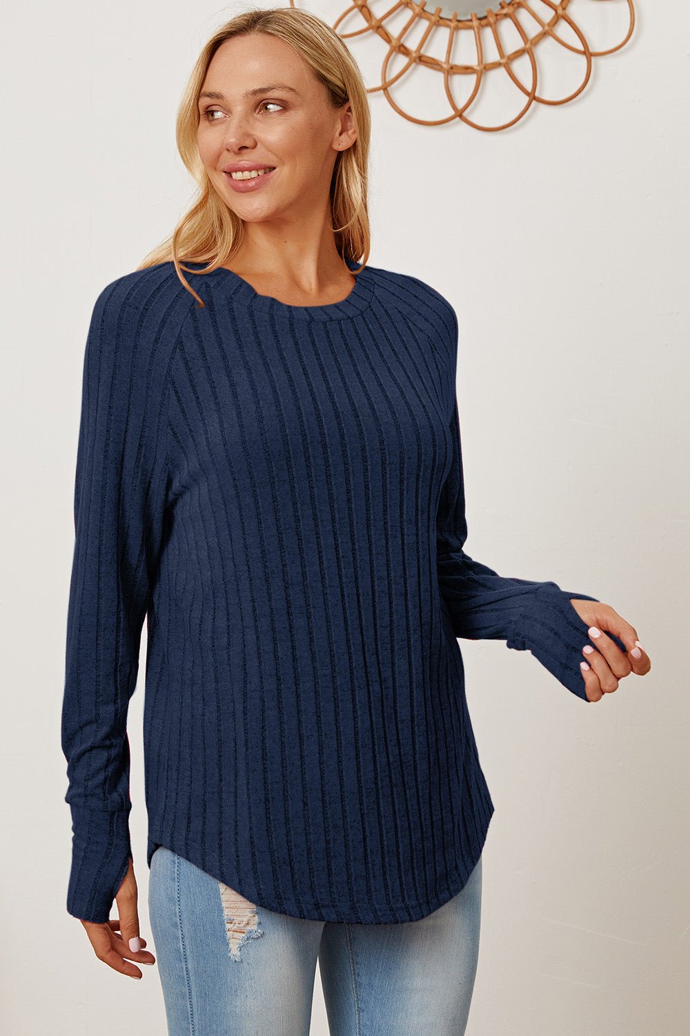 Basic Bae - Rib Knit Thumbhole Sleeve T-Shirt