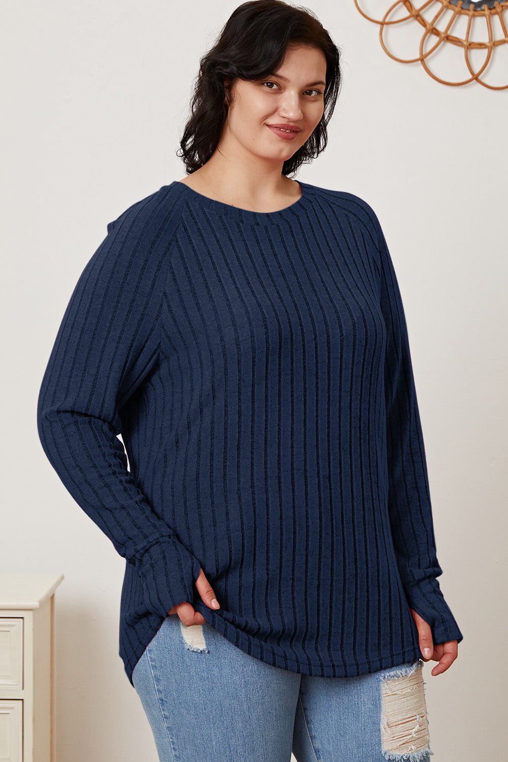 Basic Bae - Rib Knit Thumbhole Sleeve T-Shirt