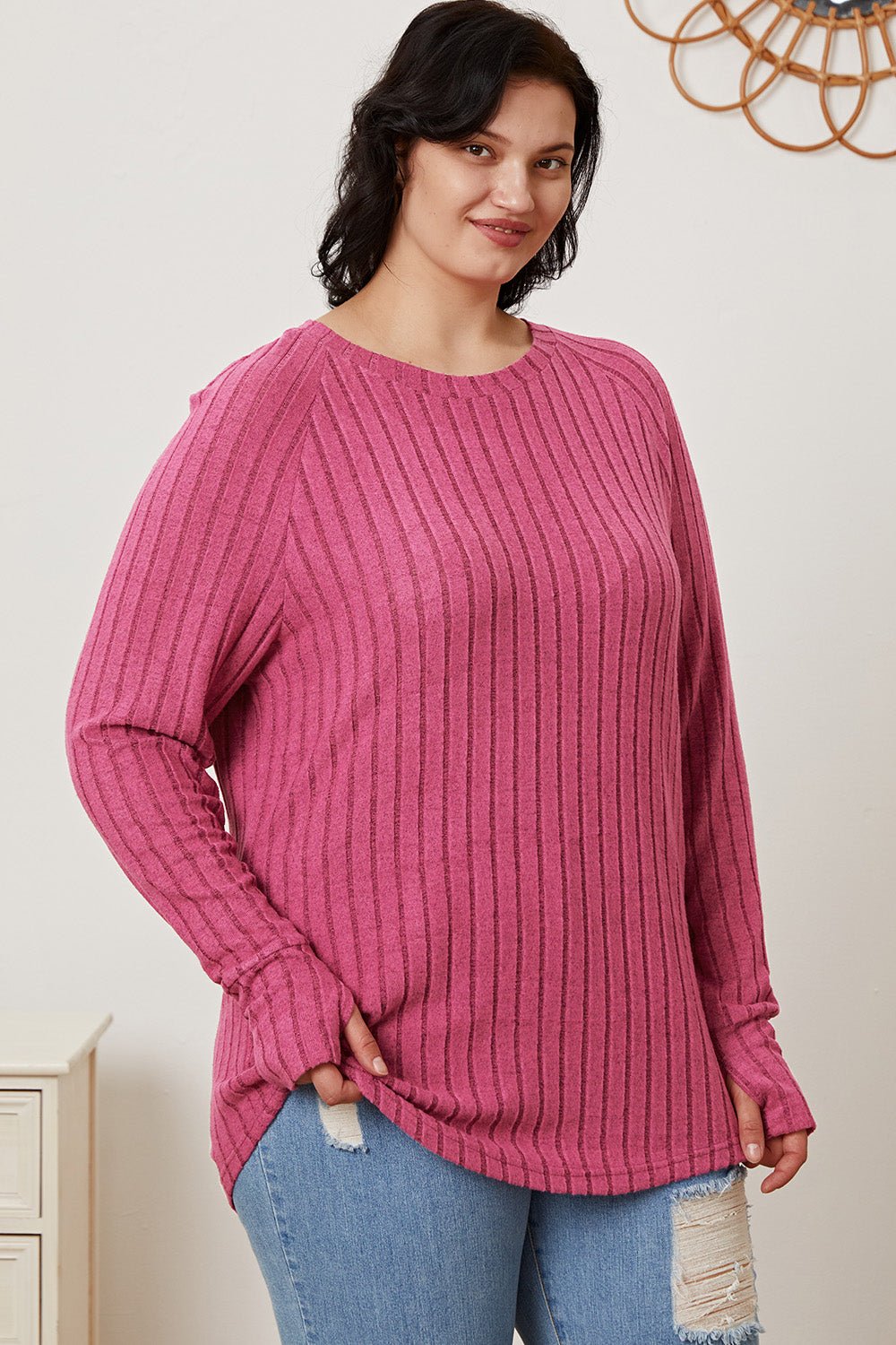 Basic Bae - Rib Knit Thumbhole Sleeve T-Shirt