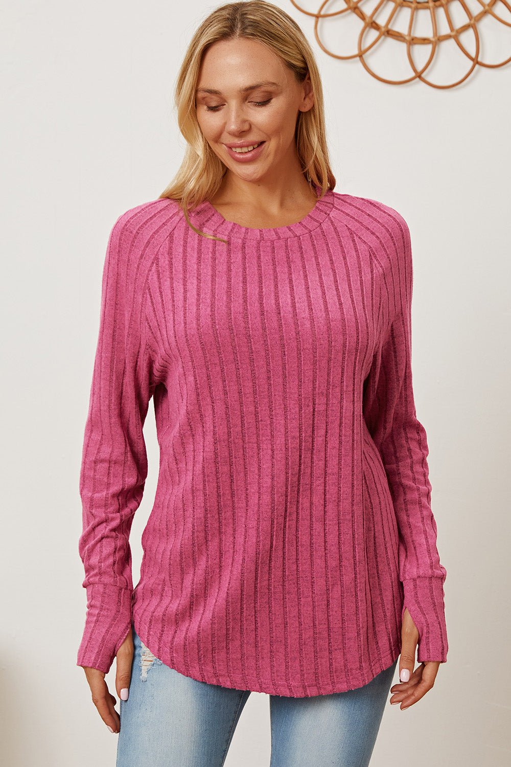 Basic Bae - Rib Knit Thumbhole Sleeve T-Shirt