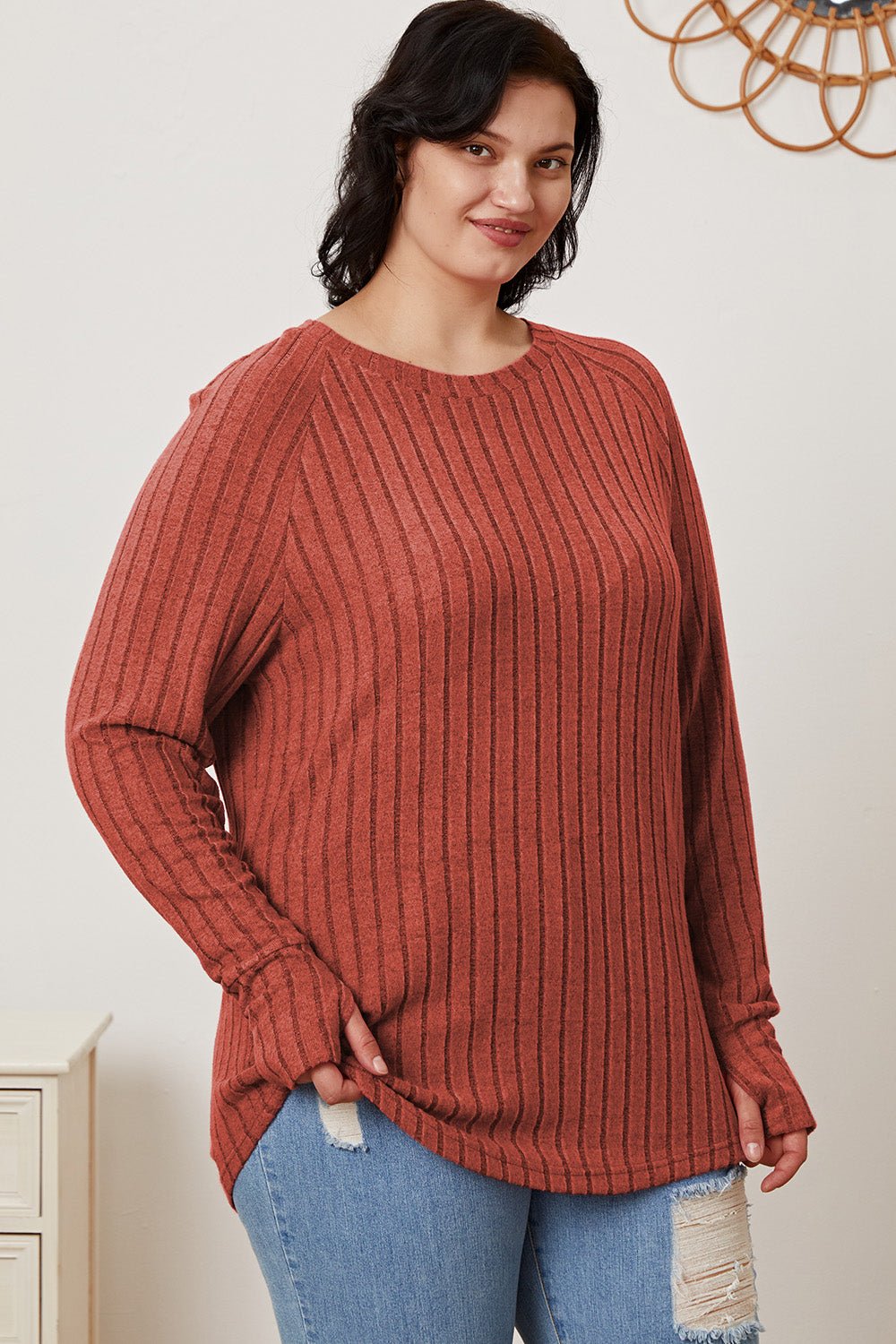 Basic Bae - Rib Knit Thumbhole Sleeve T-Shirt