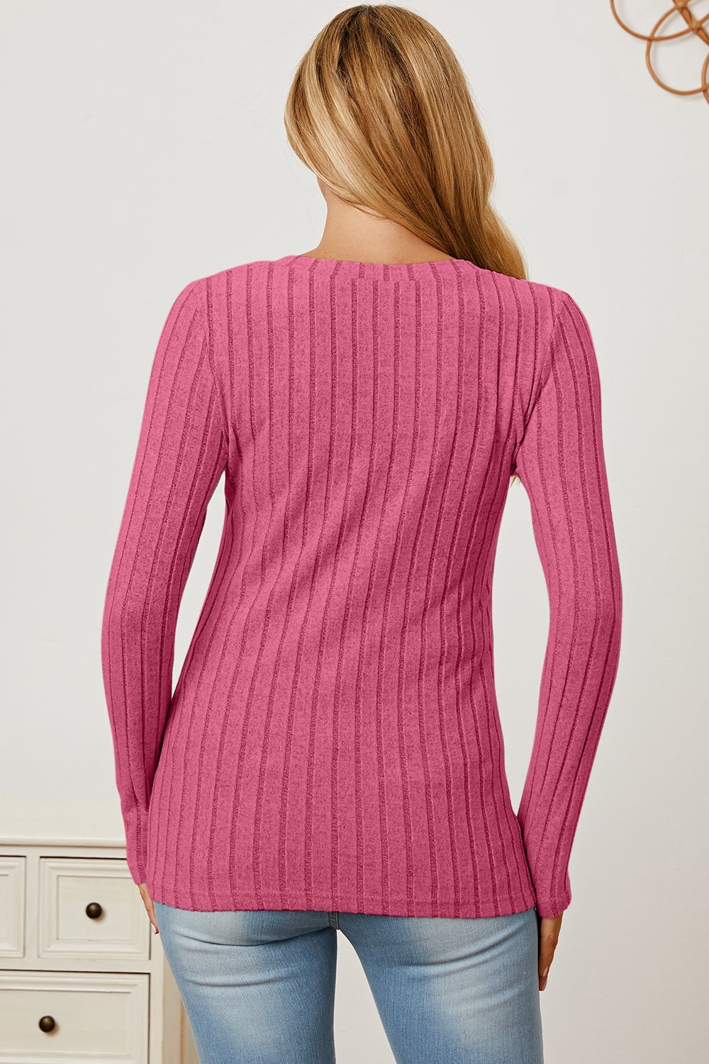 Basic Bae - Rib Knit V - Neck Long Sleeve T-Shirt