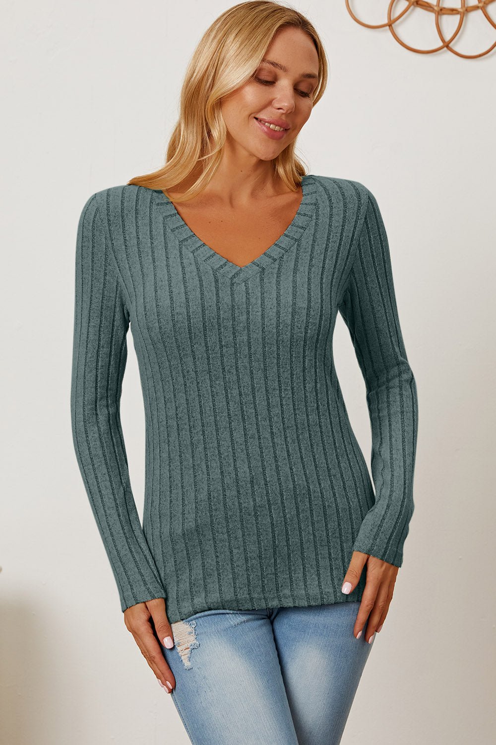 Basic Bae - Rib Knit V - Neck Long Sleeve T-Shirt