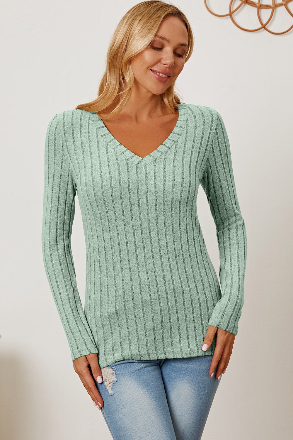 Basic Bae - Rib Knit V - Neck Long Sleeve T-Shirt