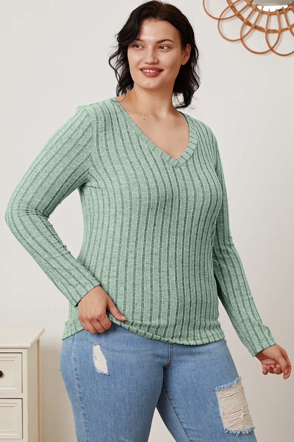 Basic Bae - Rib Knit V - Neck Long Sleeve T-Shirt