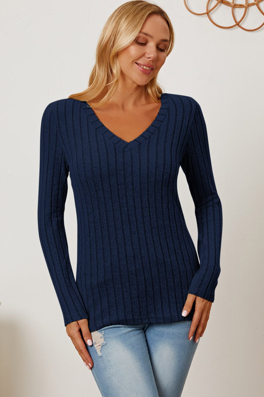 Basic Bae - Rib Knit V - Neck Long Sleeve T-Shirt