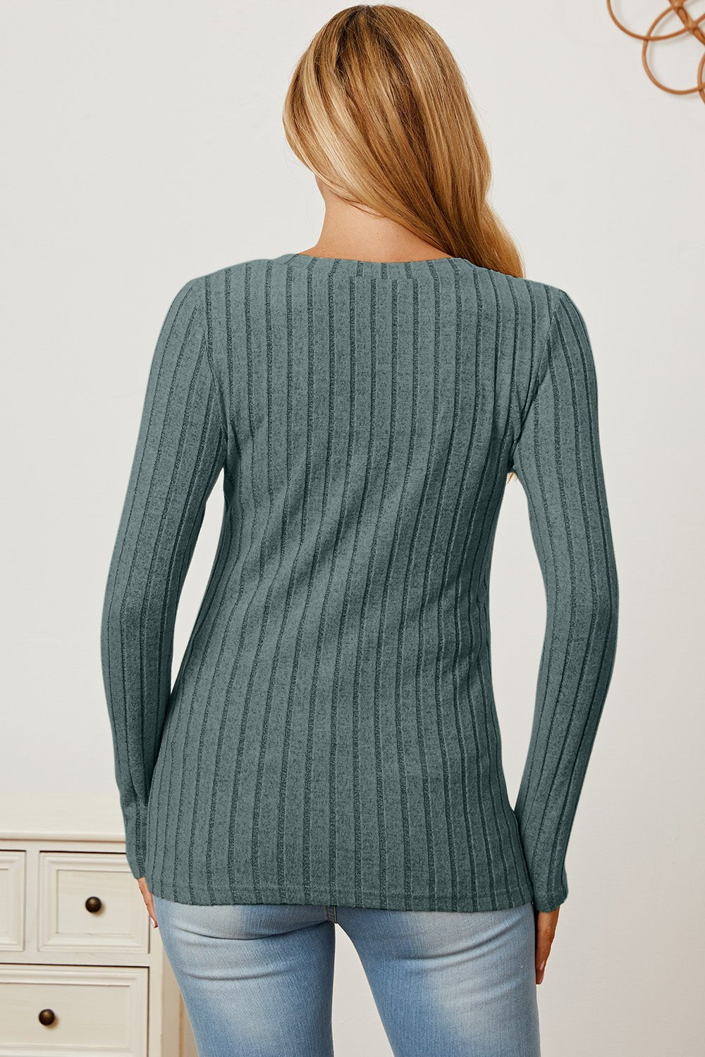 Basic Bae - Rib Knit V - Neck Long Sleeve T-Shirt