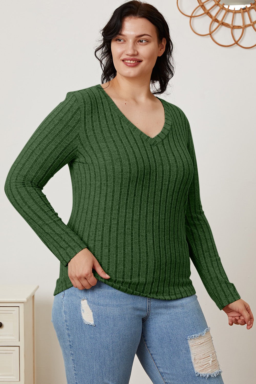 Basic Bae - Rib Knit V - Neck Long Sleeve T-Shirt