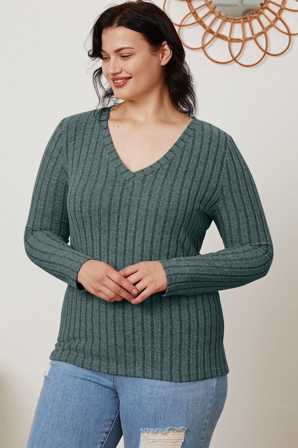 Basic Bae - Rib Knit V - Neck Long Sleeve T-Shirt