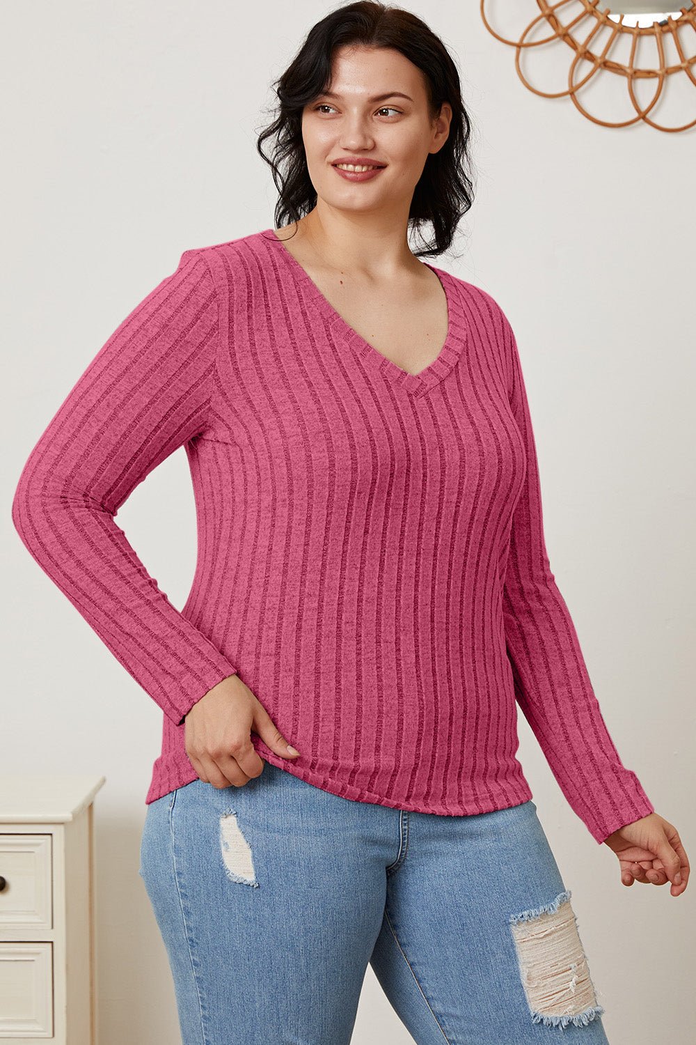 Basic Bae - Rib Knit V - Neck Long Sleeve T-Shirt