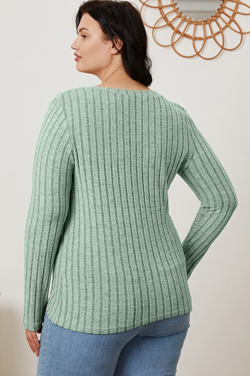 Basic Bae - Rib Knit V - Neck Long Sleeve T-Shirt