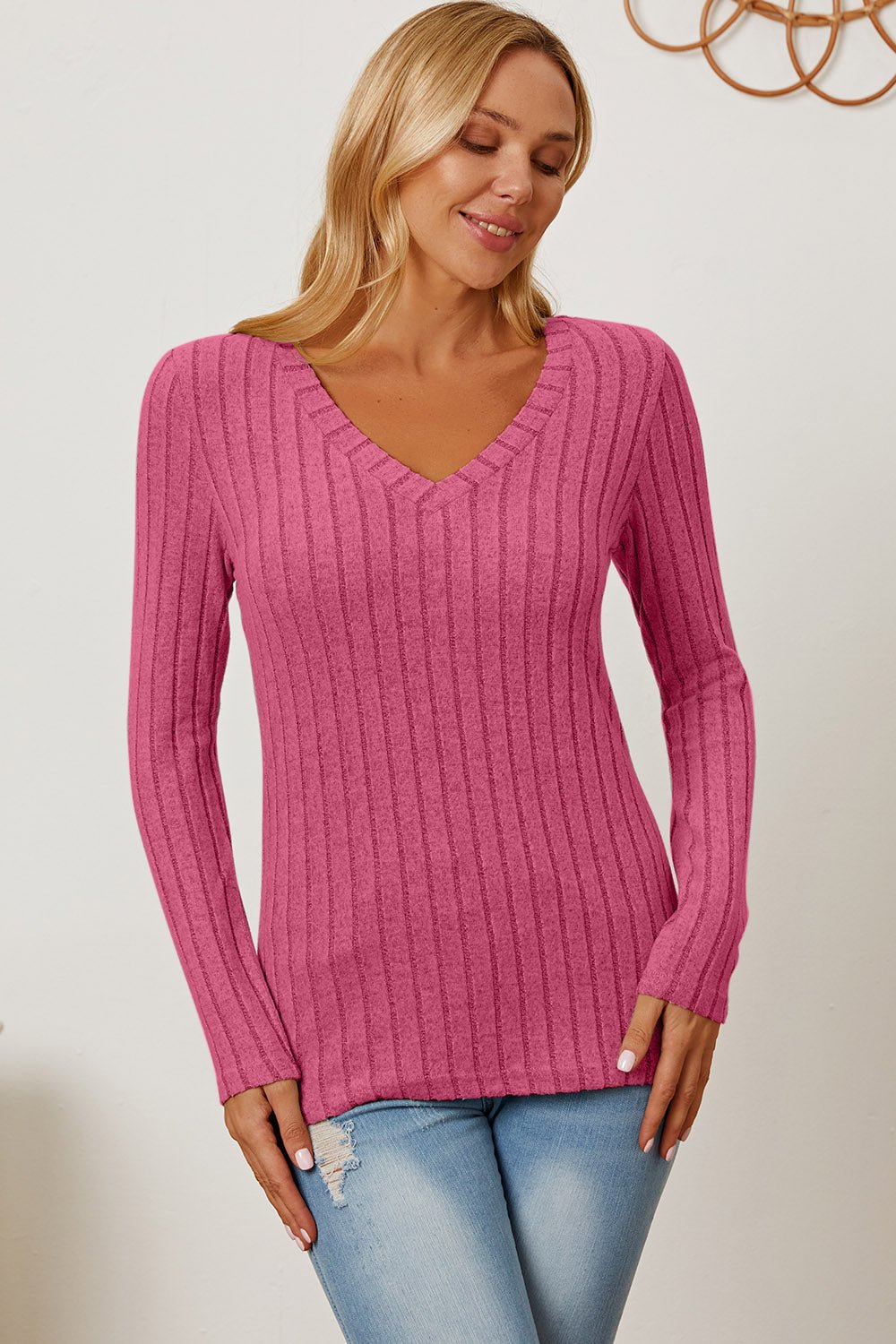 Basic Bae - Rib Knit V - Neck Long Sleeve T-Shirt