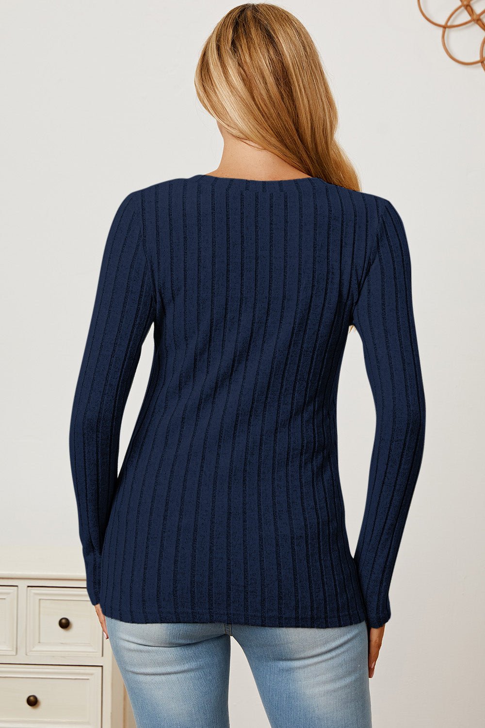 Basic Bae - Rib Knit V - Neck Long Sleeve T-Shirt