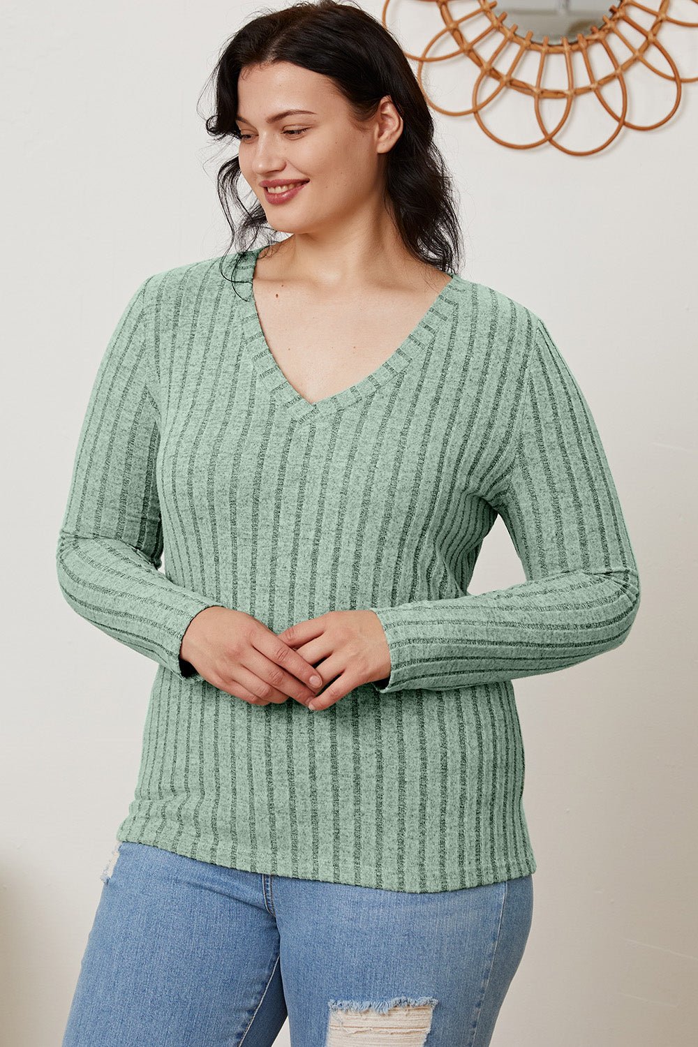 Basic Bae - Rib Knit V - Neck Long Sleeve T-Shirt