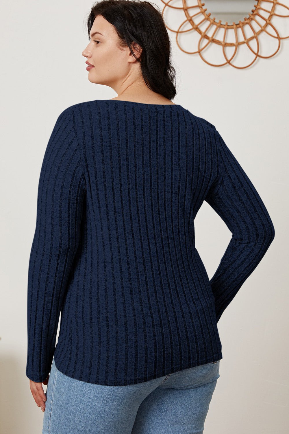 Basic Bae - Rib Knit V - Neck Long Sleeve T-Shirt