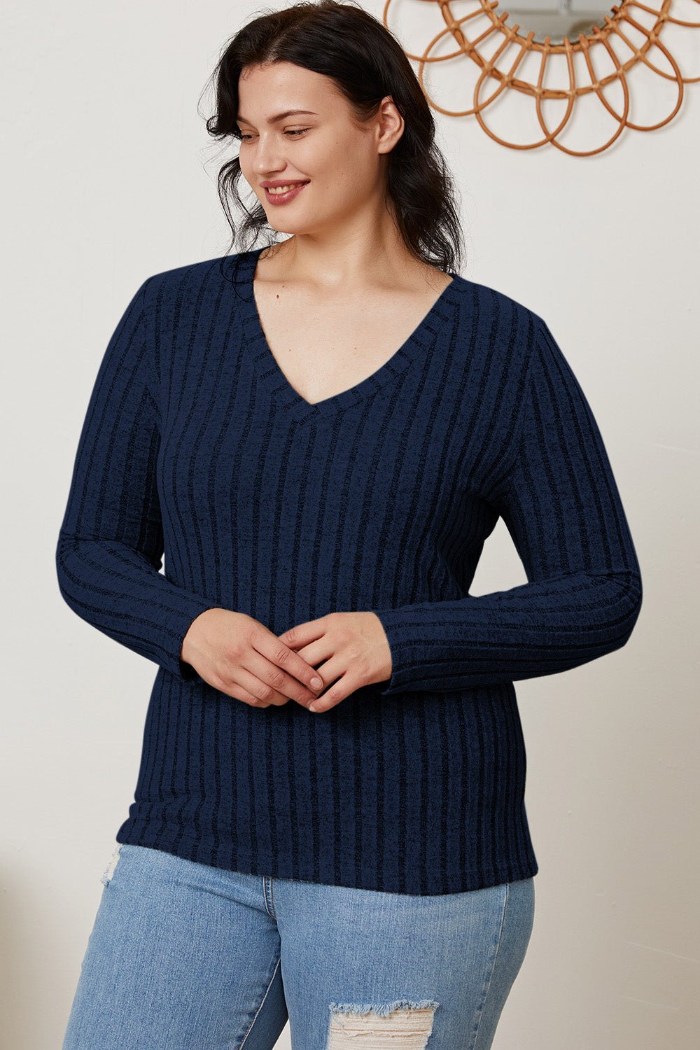 Basic Bae - Rib Knit V - Neck Long Sleeve T-Shirt