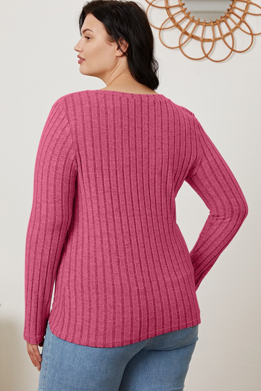 Basic Bae - Rib Knit V - Neck Long Sleeve T-Shirt