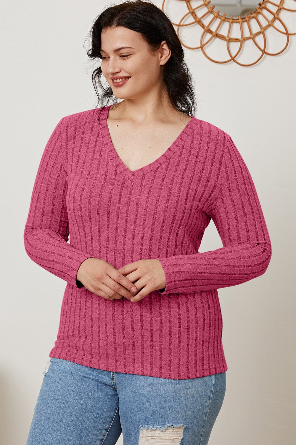 Basic Bae - Rib Knit V - Neck Long Sleeve T-Shirt