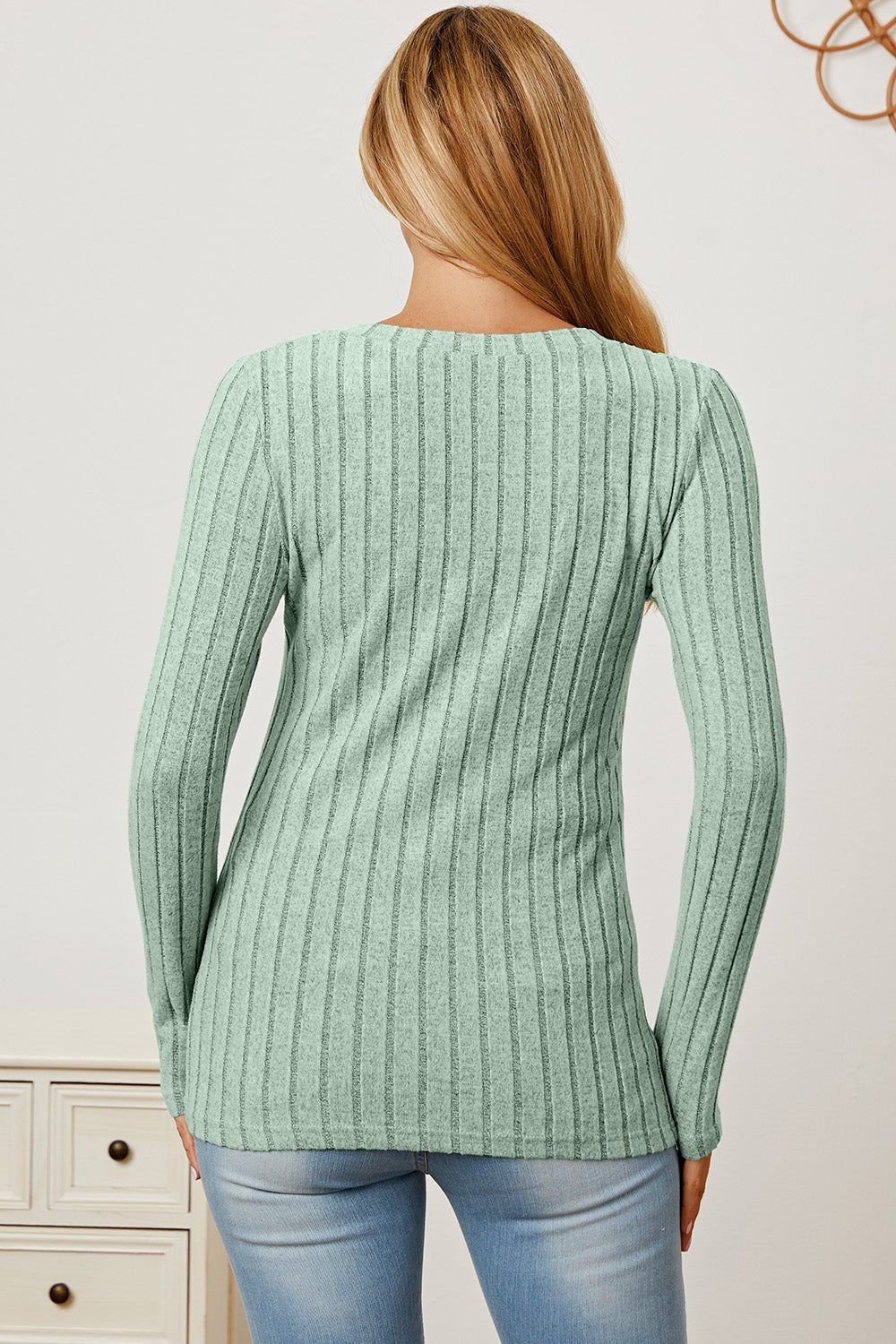 Basic Bae - Rib Knit V - Neck Long Sleeve T-Shirt