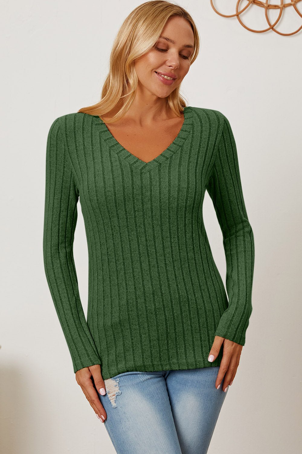 Basic Bae - Rib Knit V - Neck Long Sleeve T-Shirt