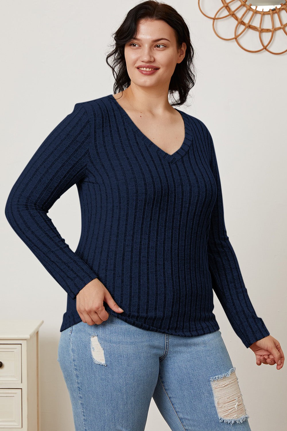 Basic Bae - Rib Knit V - Neck Long Sleeve T-Shirt