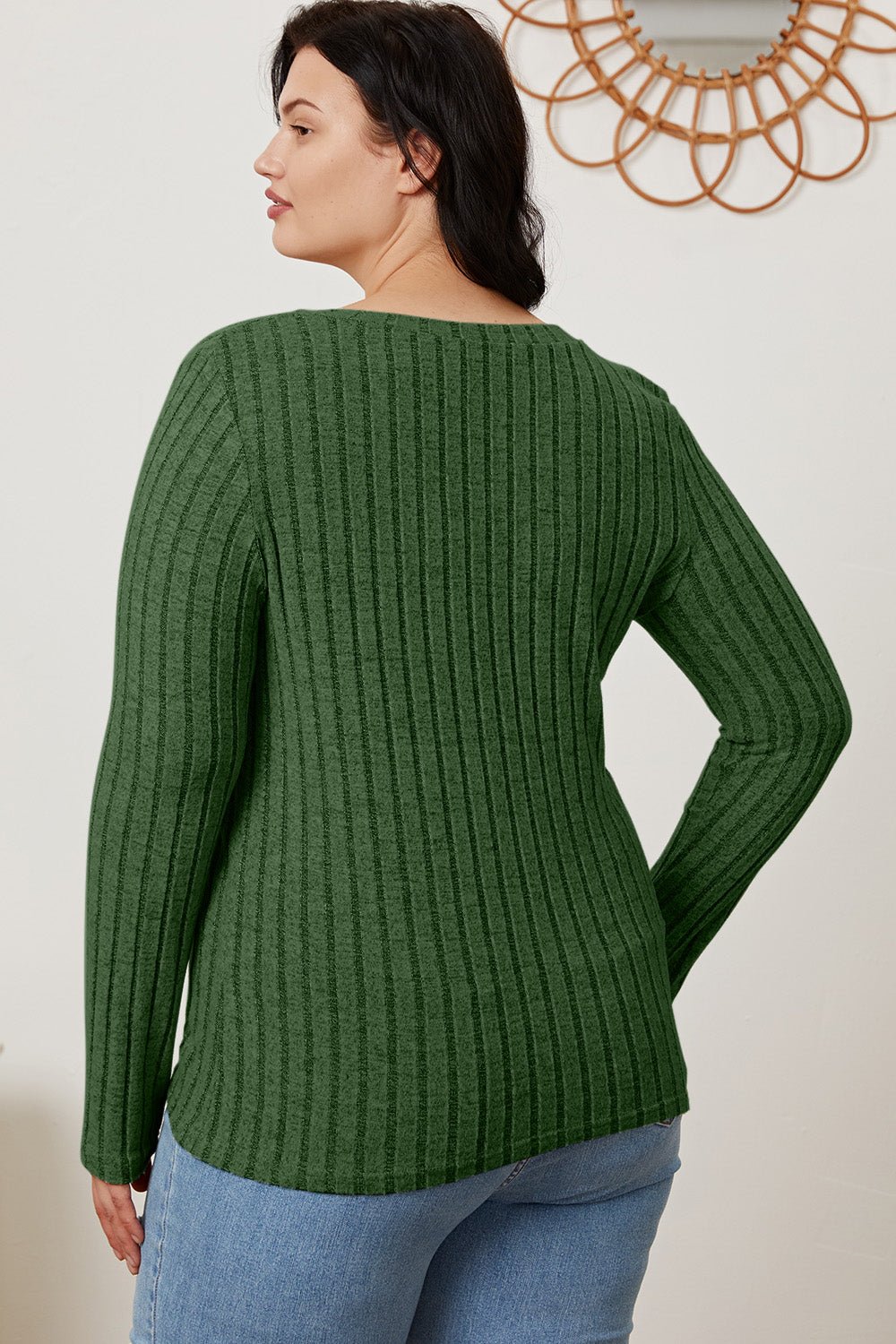 Basic Bae - Rib Knit V - Neck Long Sleeve T-Shirt