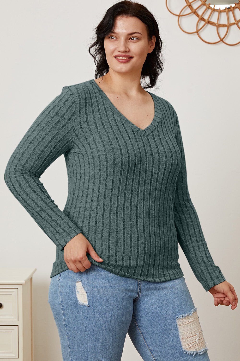 Basic Bae - Rib Knit V - Neck Long Sleeve T-Shirt