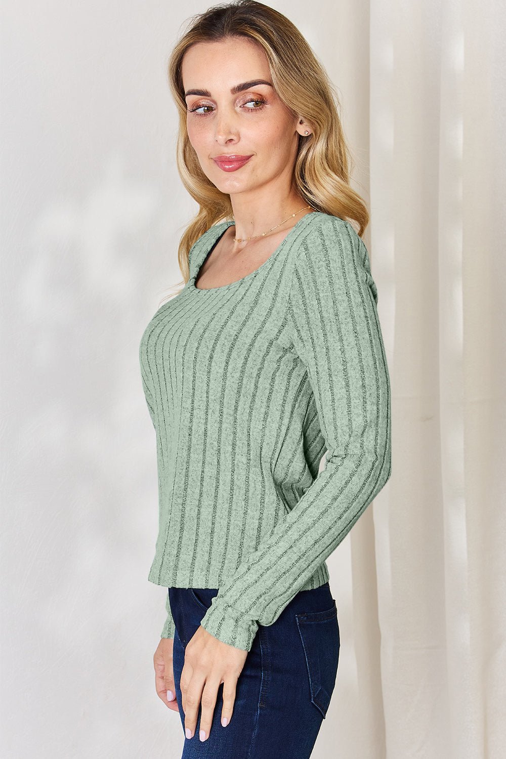 Basic Bae - Scoop Neck Rib Knit Long Sleeve T-Shirt