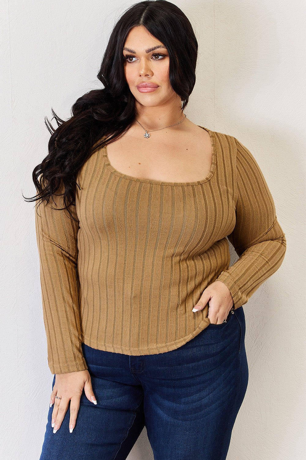 Basic Bae - Scoop Neck Rib Knit Long Sleeve T-Shirt