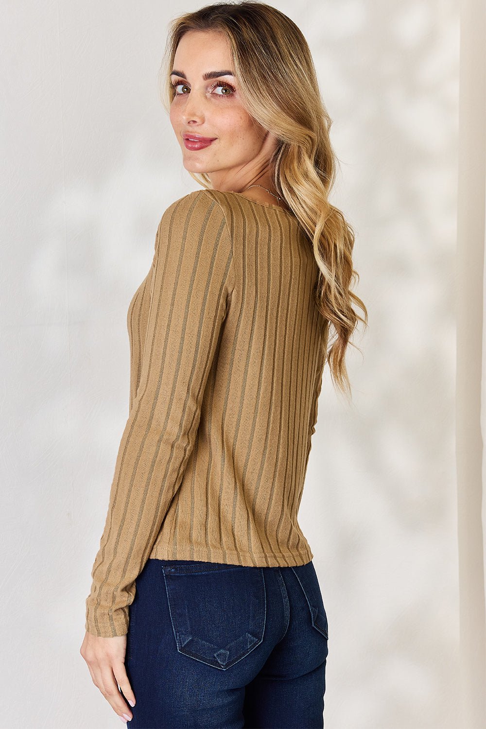 Basic Bae - Scoop Neck Rib Knit Long Sleeve T-Shirt