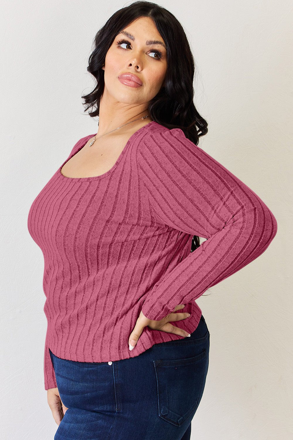 Basic Bae - Scoop Neck Rib Knit Long Sleeve T-Shirt