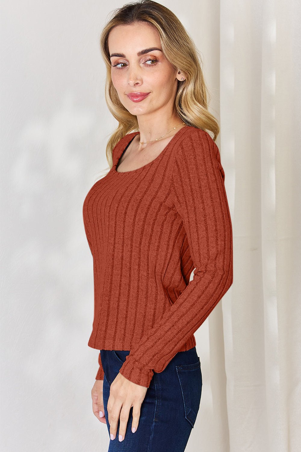 Basic Bae - Scoop Neck Rib Knit Long Sleeve T-Shirt