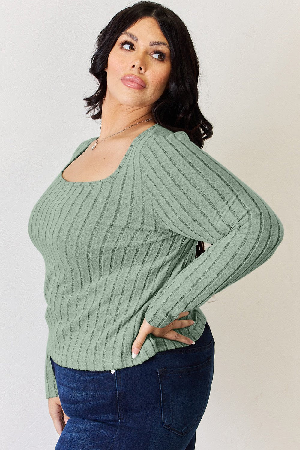 Basic Bae - Scoop Neck Rib Knit Long Sleeve T-Shirt