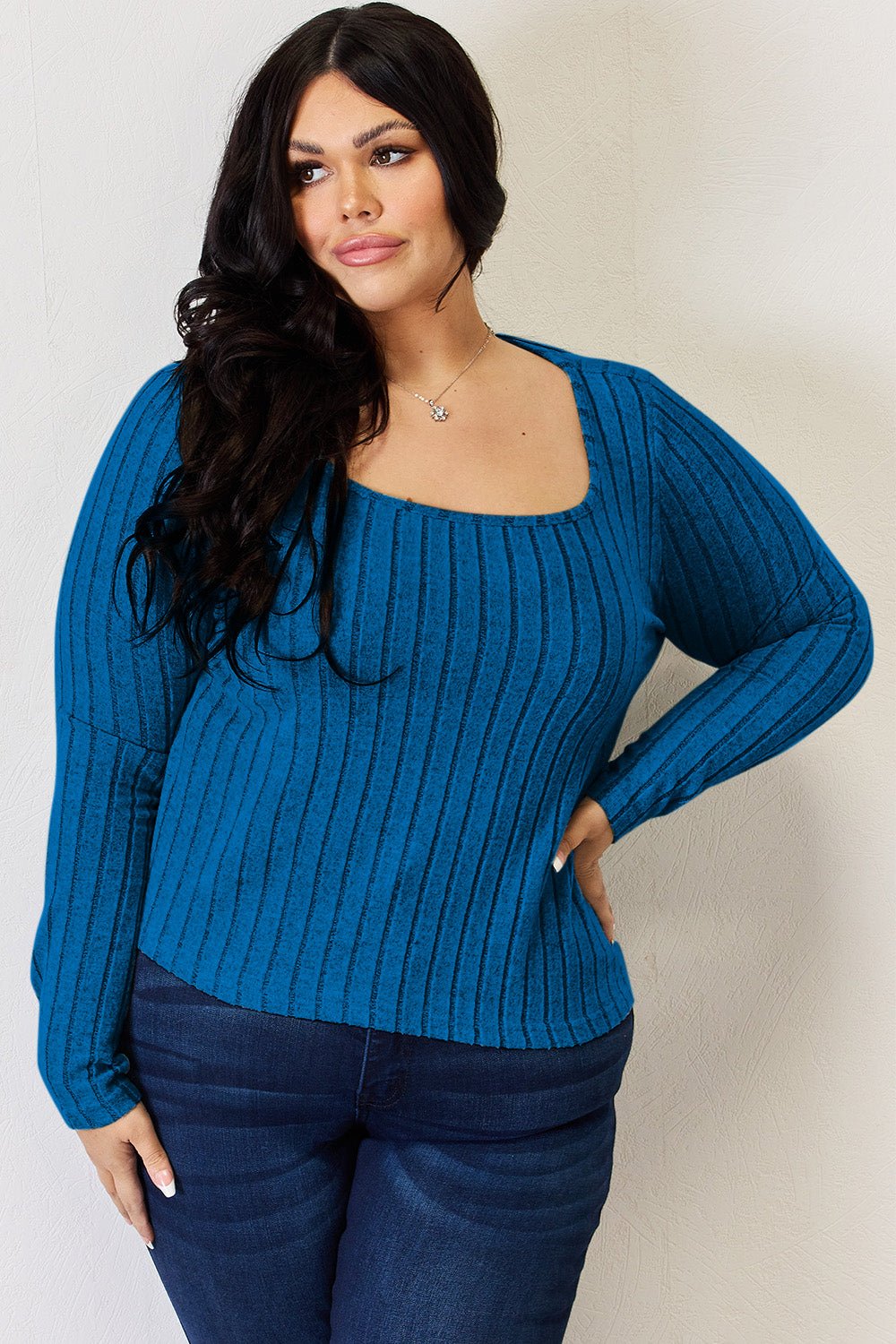 Basic Bae - Scoop Neck Rib Knit Long Sleeve T-Shirt