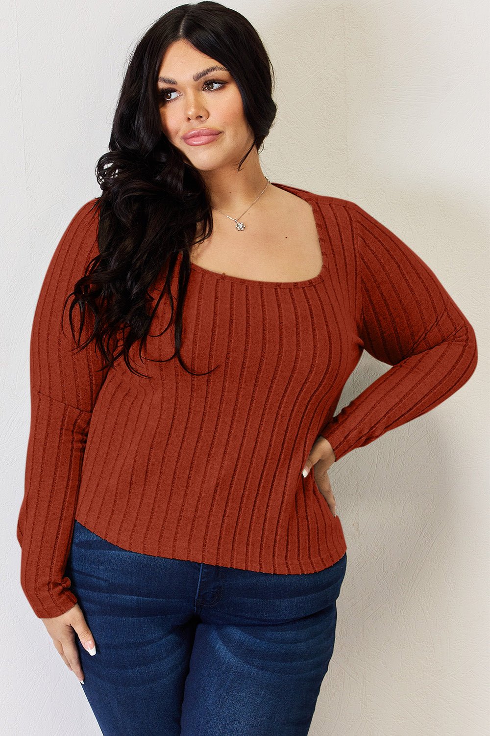 Basic Bae - Scoop Neck Rib Knit Long Sleeve T-Shirt