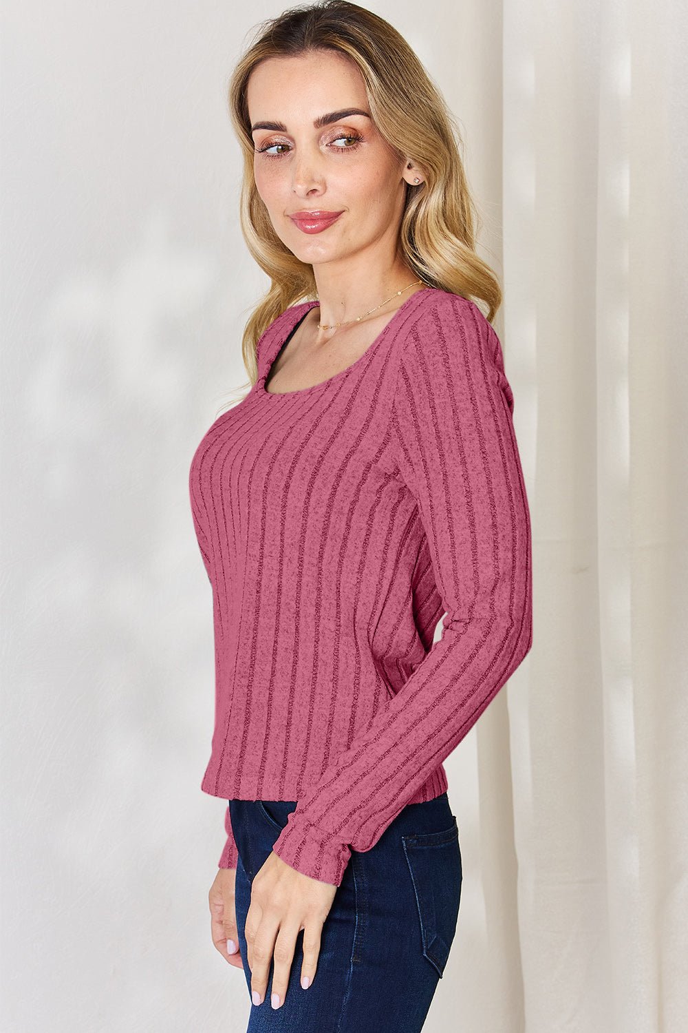 Basic Bae - Scoop Neck Rib Knit Long Sleeve T-Shirt