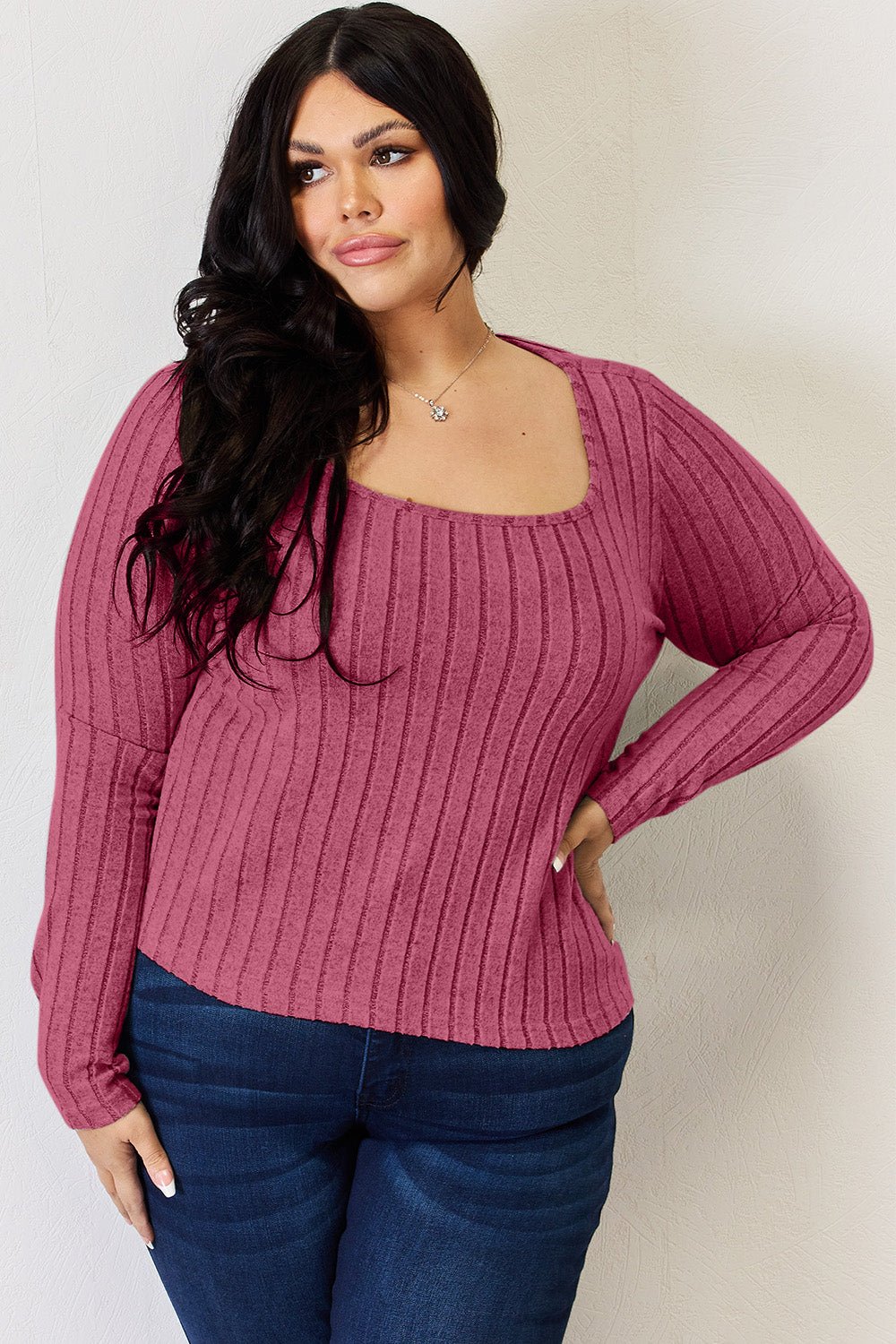 Basic Bae - Scoop Neck Rib Knit Long Sleeve T-Shirt