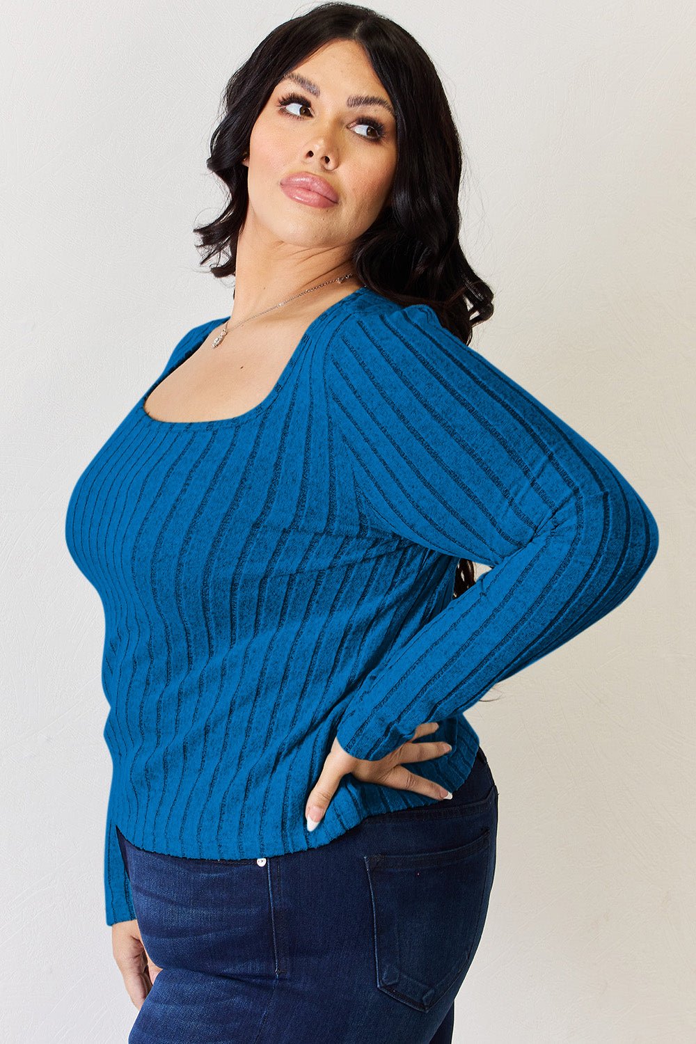 Basic Bae - Scoop Neck Rib Knit Long Sleeve T-Shirt