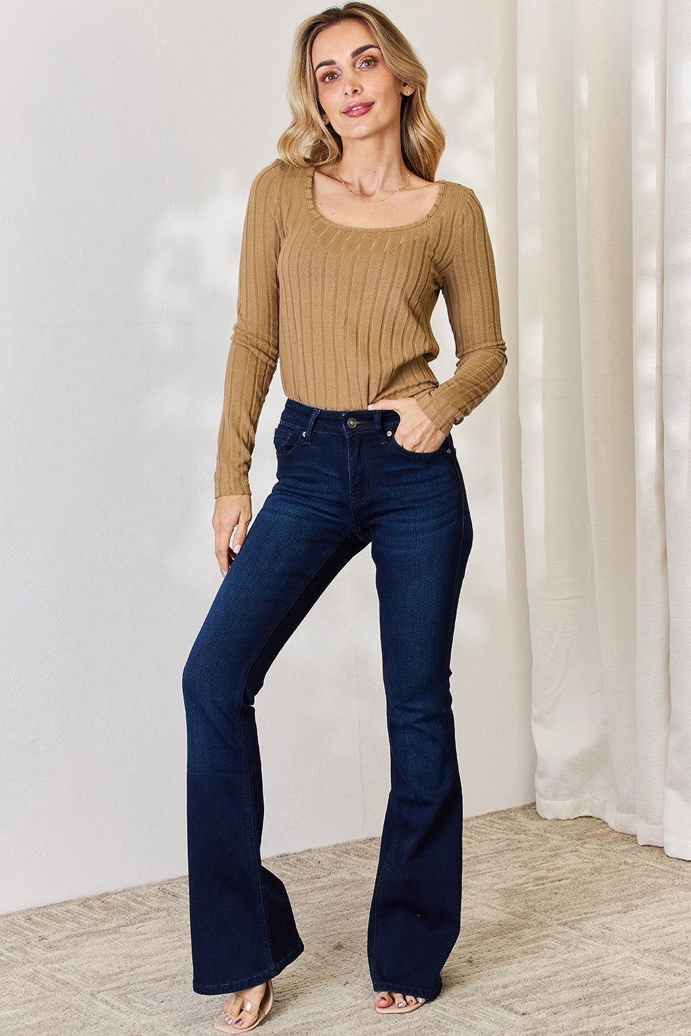 Basic Bae - Scoop Neck Rib Knit Long Sleeve T-Shirt