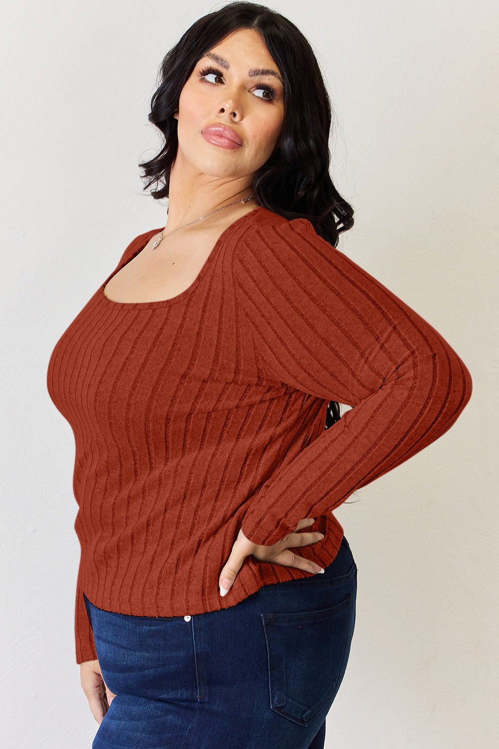 Basic Bae - Scoop Neck Rib Knit Long Sleeve T-Shirt