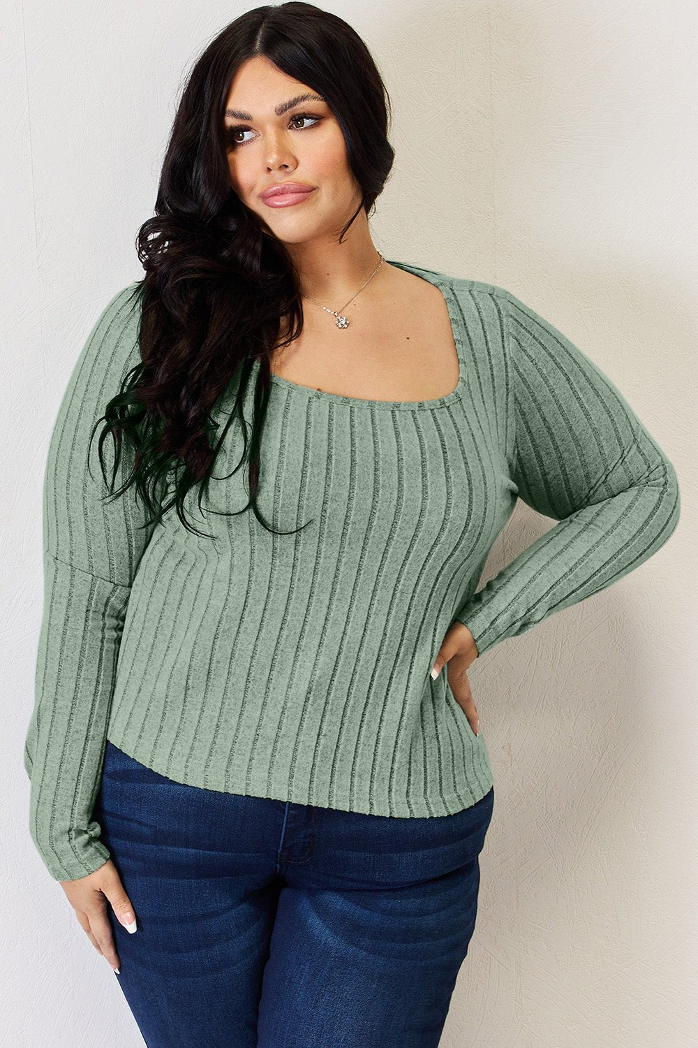 Basic Bae - Scoop Neck Rib Knit Long Sleeve T-Shirt