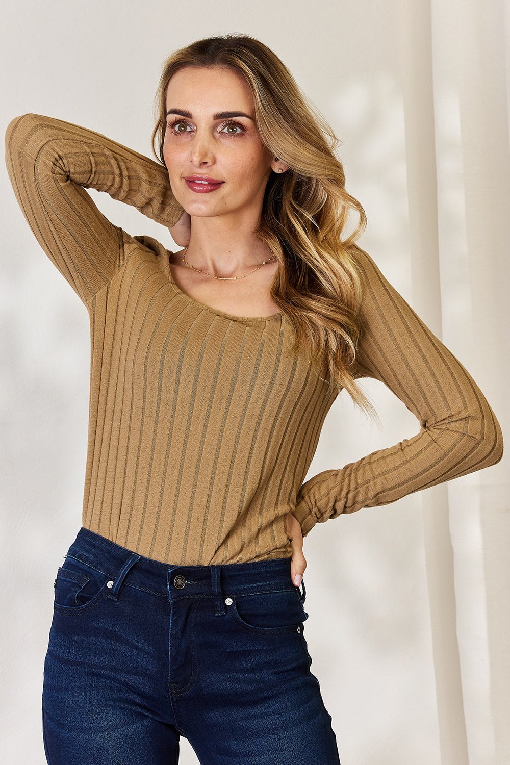 Basic Bae - Scoop Neck Rib Knit Long Sleeve T-Shirt