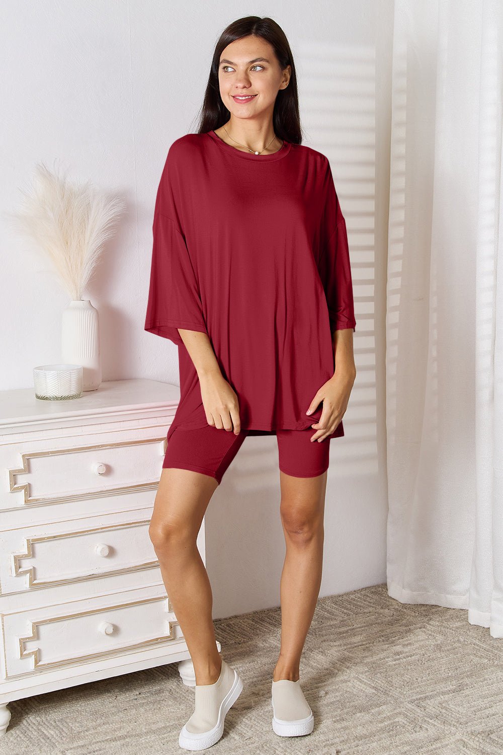 Basic Bae - Soft Rayon Three - Quarter Sleeve Top and Shorts Set