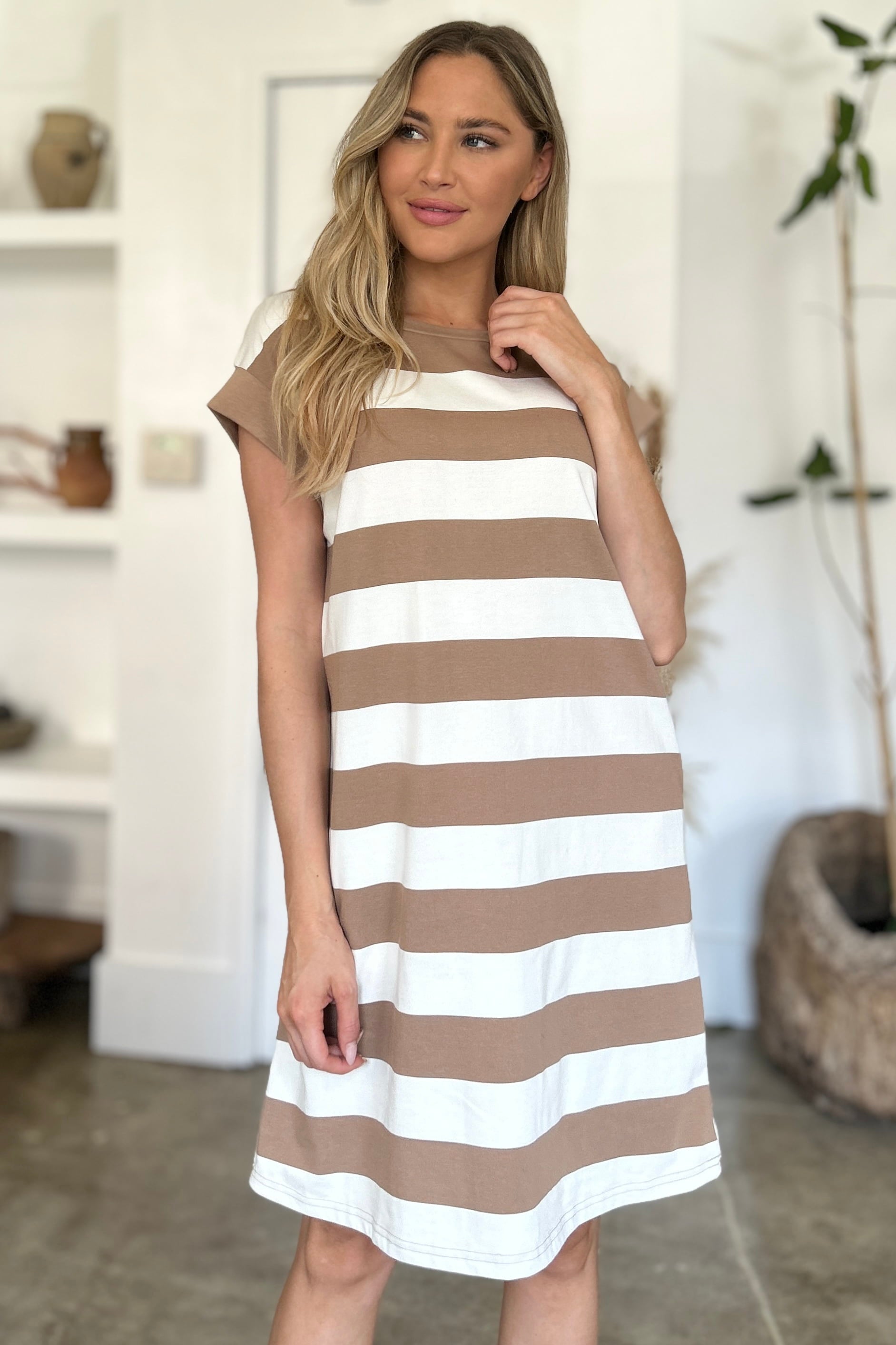 Basic Bae - Striped Cap Sleeve Mini Dress