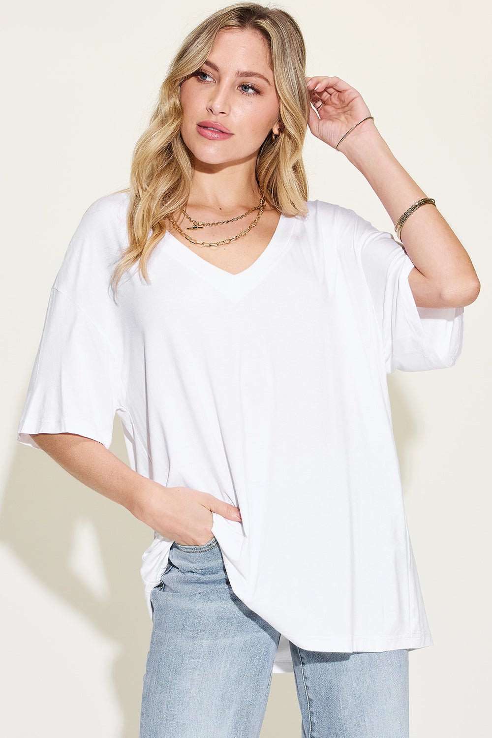 Basic Bae - V - Neck Drop Shoulder T-Shirt