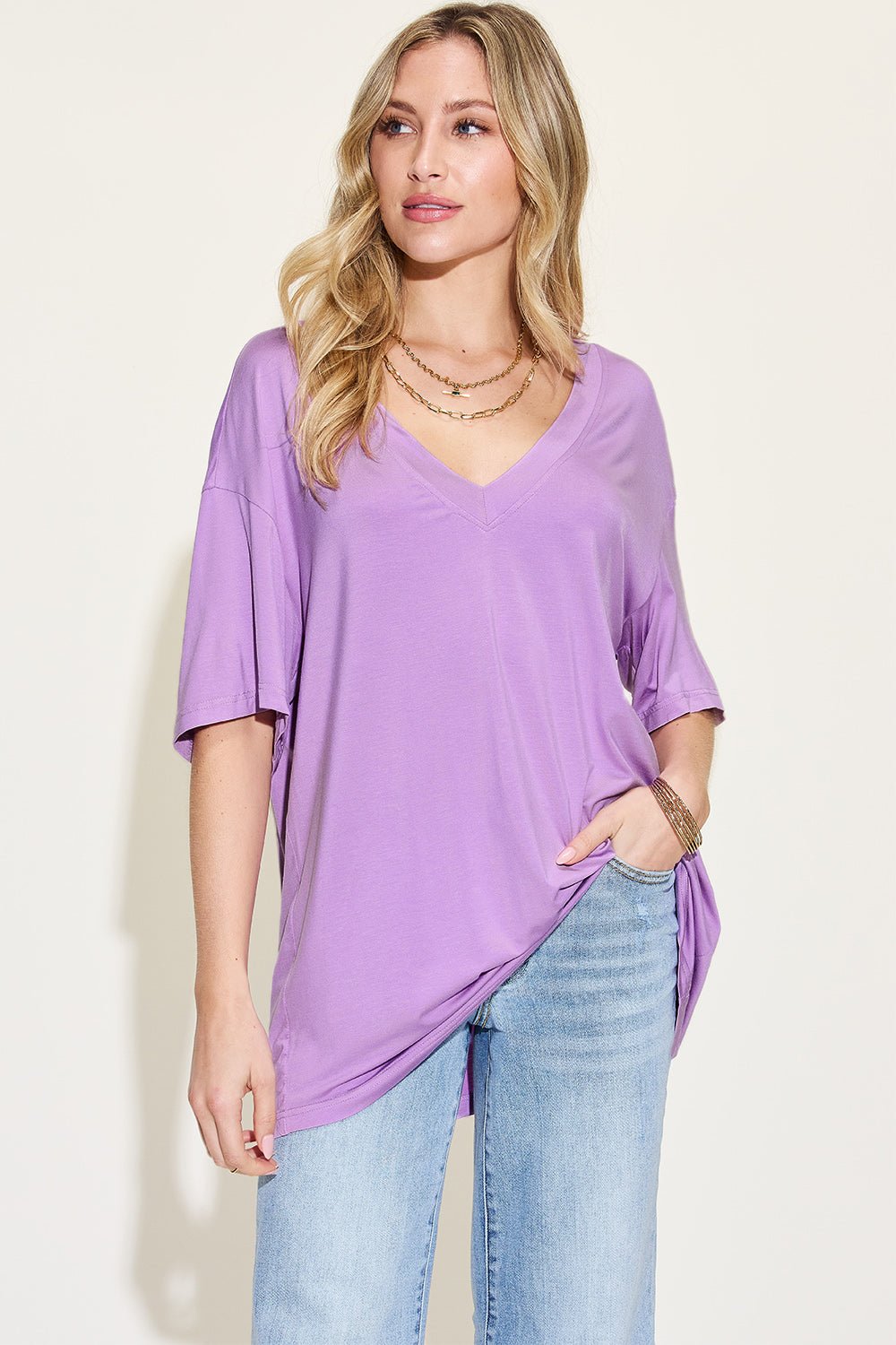 Basic Bae - V - Neck Drop Shoulder T-Shirt